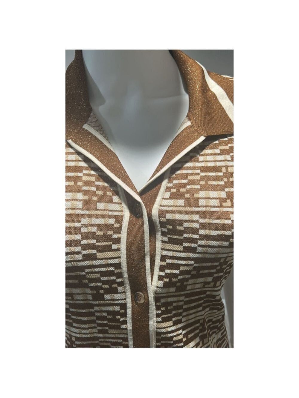 ALEMAIS Brown & White Stefanie Knit Button Down Shirt, Size 6 - Picture 9 of 14